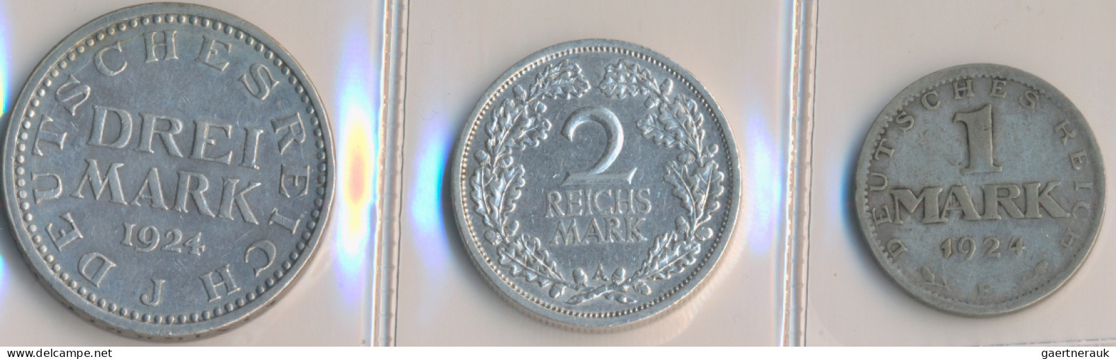 Weimarer Republik: Lot 3 Münzen, Dabei 1 Mark 1924 E (J. 311); 3 Mark 1924 J (J. - Other & Unclassified