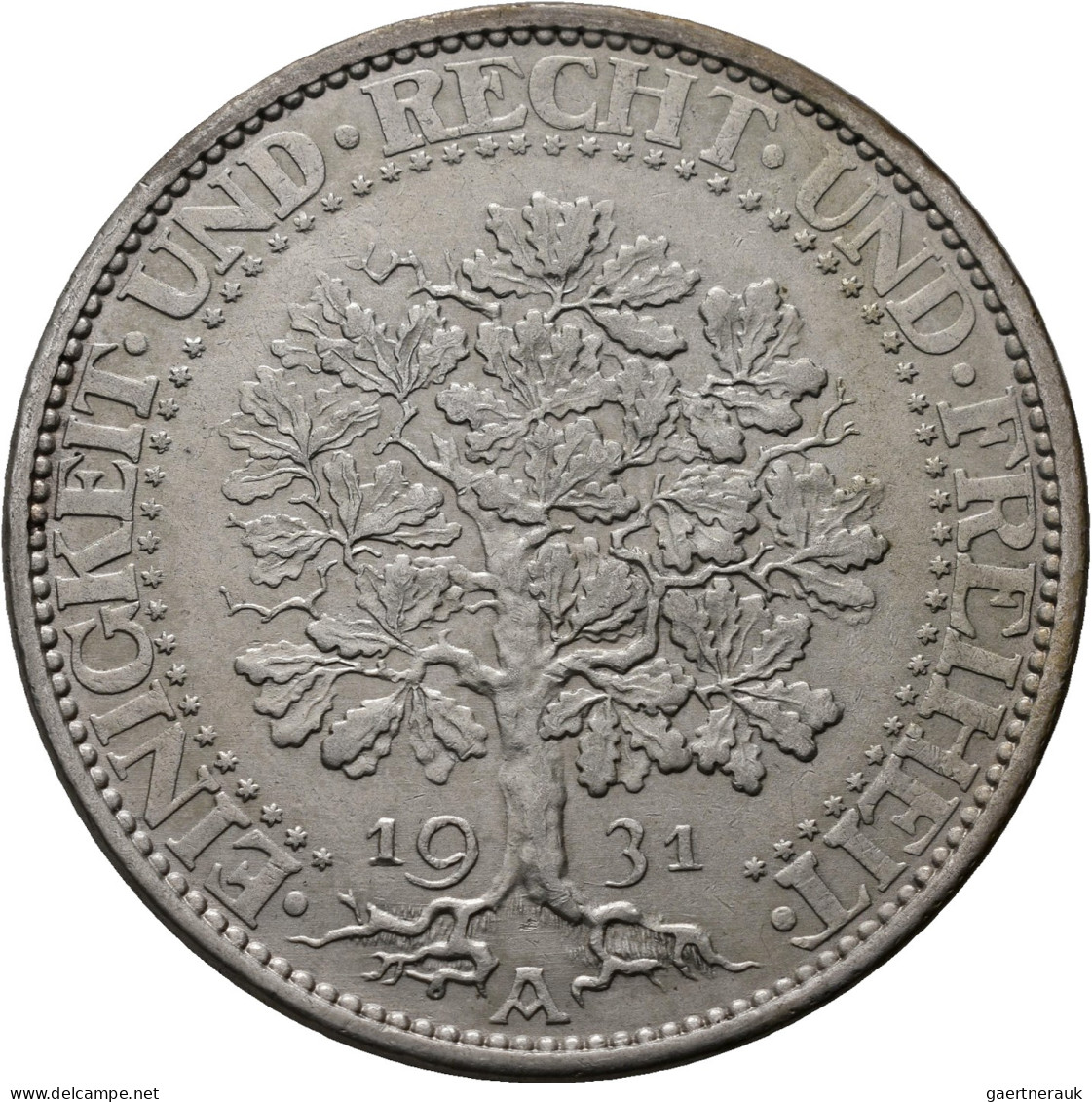 Weimarer Republik: 5 Reichsmark 1931 A, Eichbaum, Jaeger 331, Winzige Kratzer, F - Andere & Zonder Classificatie