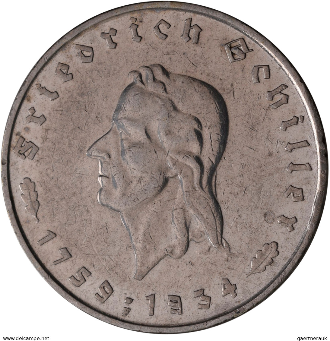 Drittes Reich: 5 Reichsmark 1934 F, Schiller, Jaeger 359. Kratzer, Sehr Schön+. - Autres & Non Classés