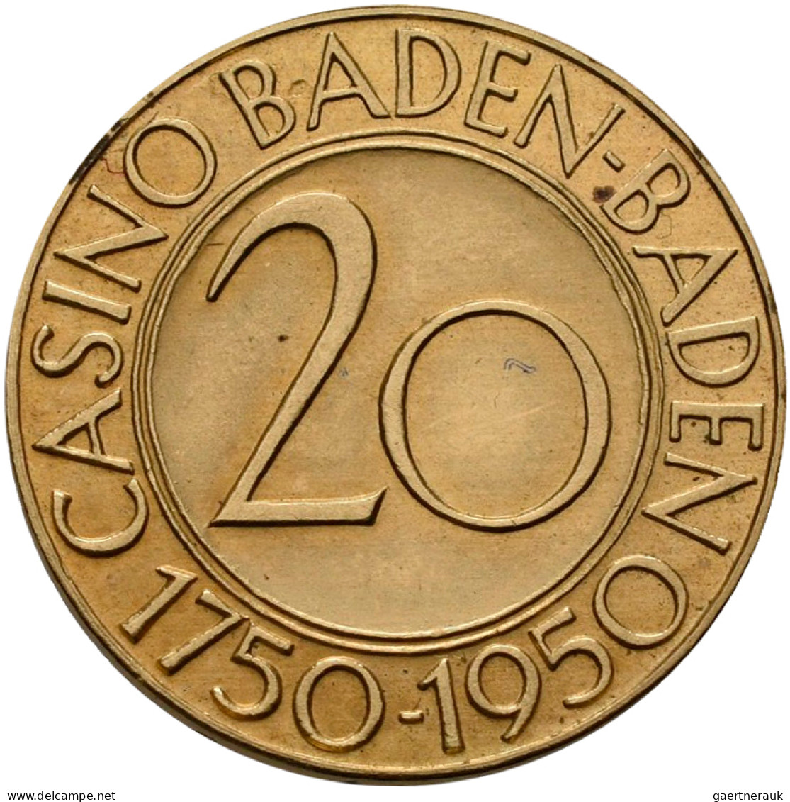 Medaillen Deutschland - Geographisch: Baden-Baden: 20 Mark Casino Jeton, Gedenka - Autres & Non Classés