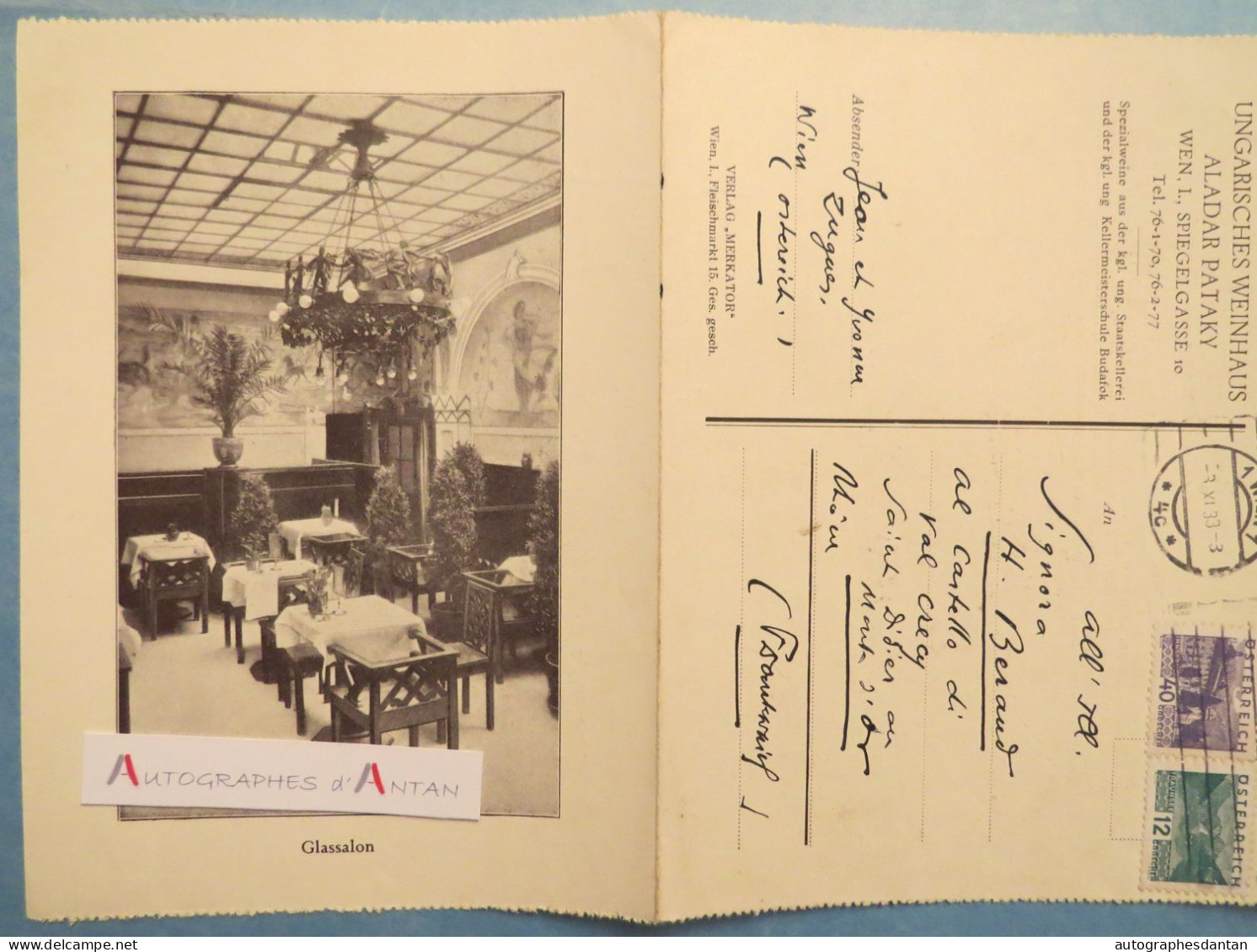 ● Ungarisches Weinhaus - Aladar Pataky - WIEN - Correspondance Jean HUGUES 1934 à Henri BERAUD Saint Didier au Mont d'or