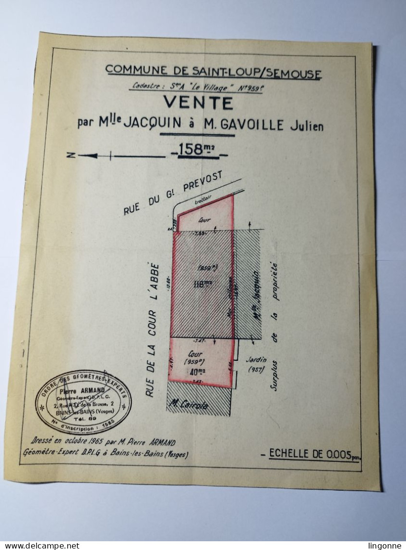 1965 PLAN SAINT LOUP Sur SEMOUSE (Haute-Saone 70) VENTE JACQUIN - GAVOILLE - GEOMETRE ARMAND BAIN LES BAINS (Vosges 88) - Andere Plannen