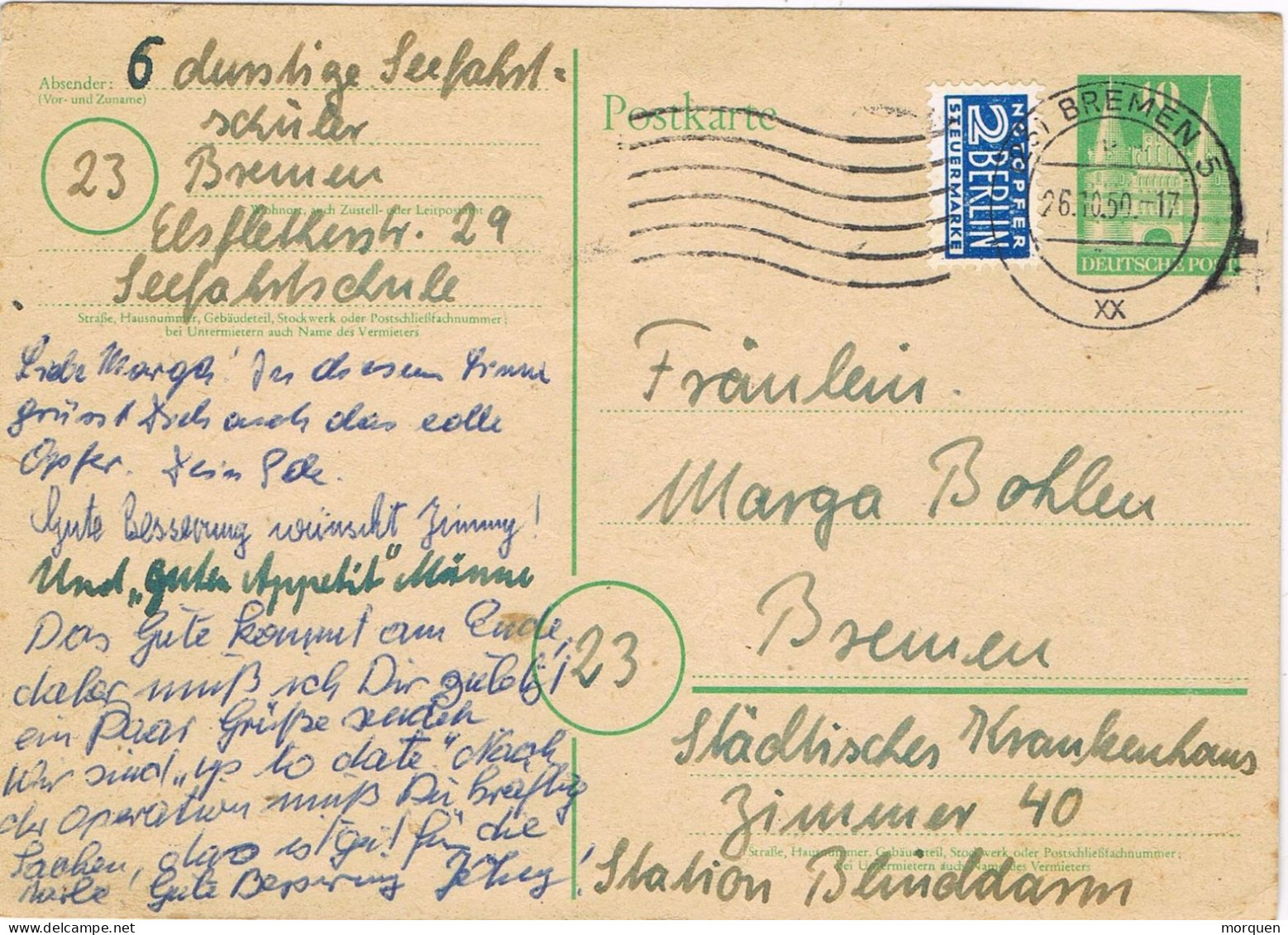 54905. Entero Postal BREMEN (Alemania Zona Anglo Americana) 1950. NOTOPFER Berlin - Lettres & Documents