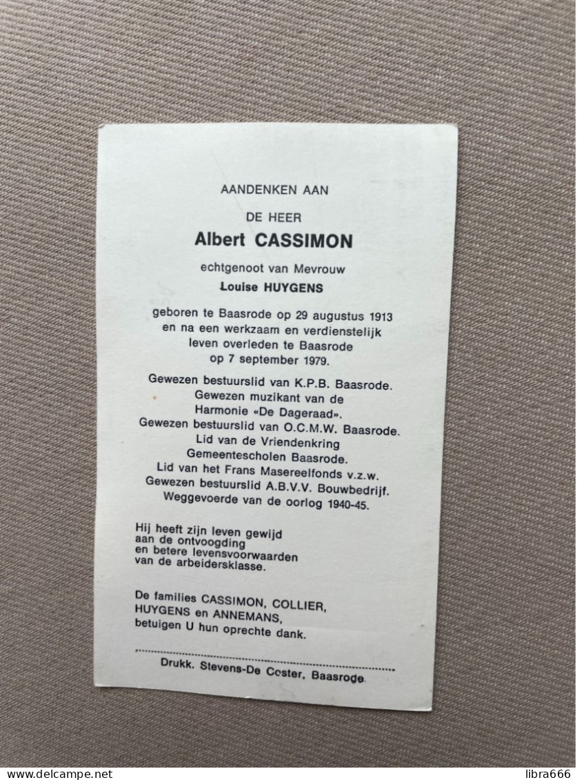 CASSIMON Albert °BAASRODE 1913 +BAASRODE 1979 - HUYGENS - K.P.B. Baasrode - Weggevoerde 1940-45 - Harmonie De Dageraad - Todesanzeige