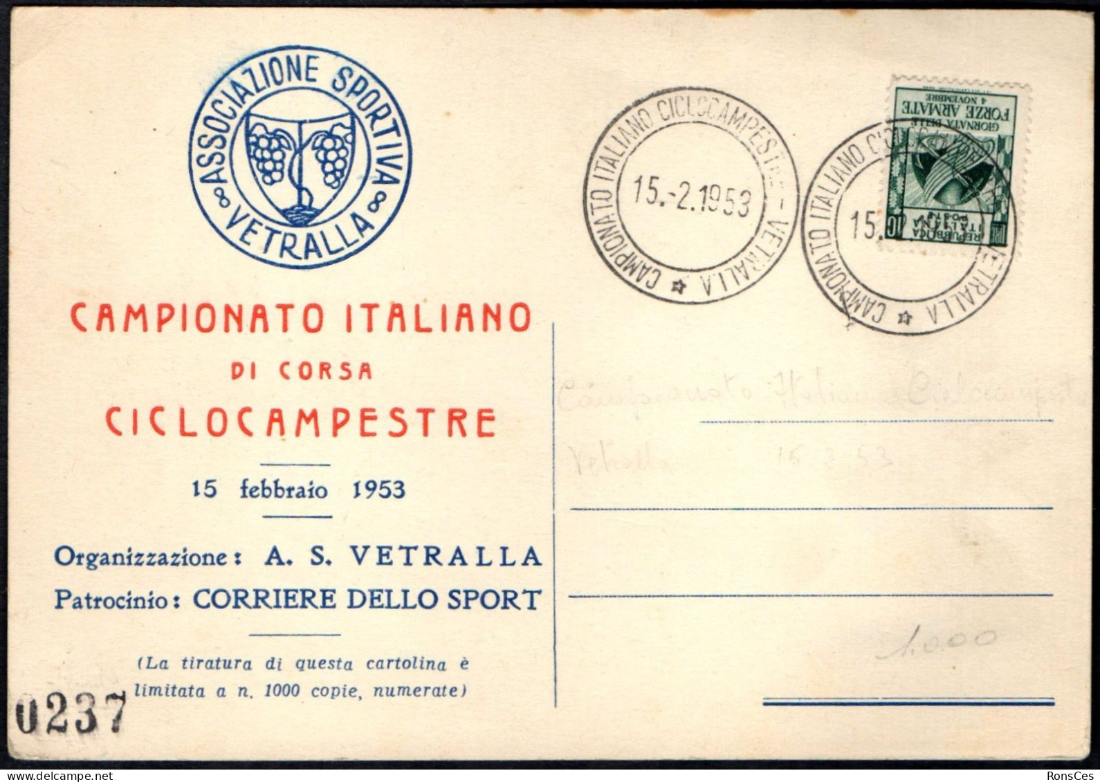 CYCLING - ITALIA VETRALLA 1953 - CAMPIONATO ITALIANO DI CORSA CICLOCAMPESTRE - A - Cycling