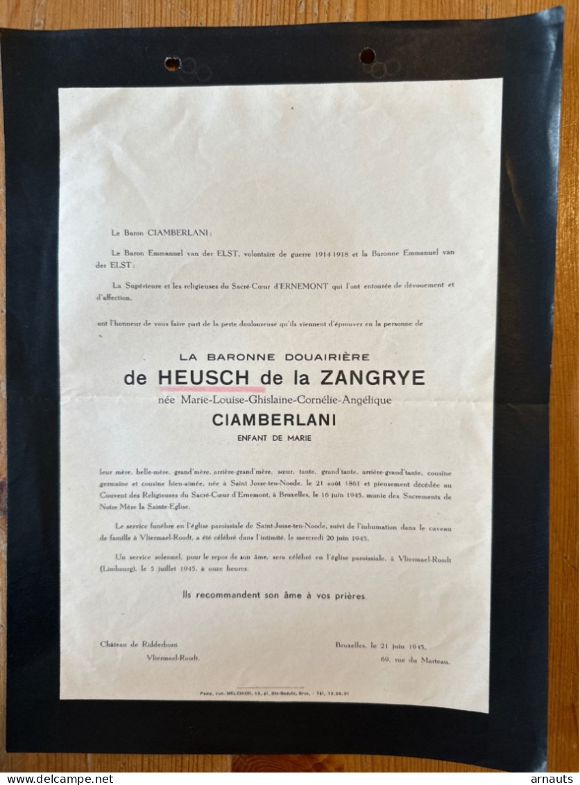 Baronne Douairiere De Heusch De La Zangrye Nee Ciamberlani *1861 St Joost Ten Node +1945 Bruxelles Vliermaalroot Chateau - Obituary Notices