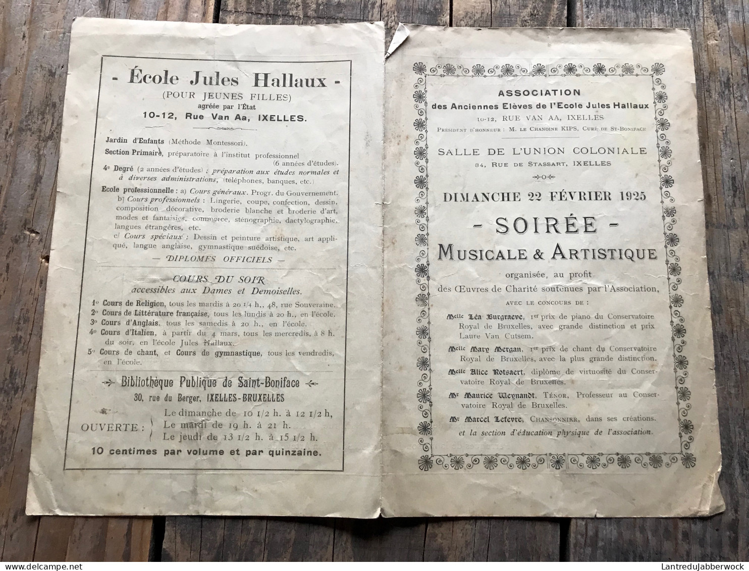 Programme 1925 Soirée Musicale Et Artistique Association Des Anciennes élèves De L'école Jules HALLAUX Ixelles Stassart - Belgien