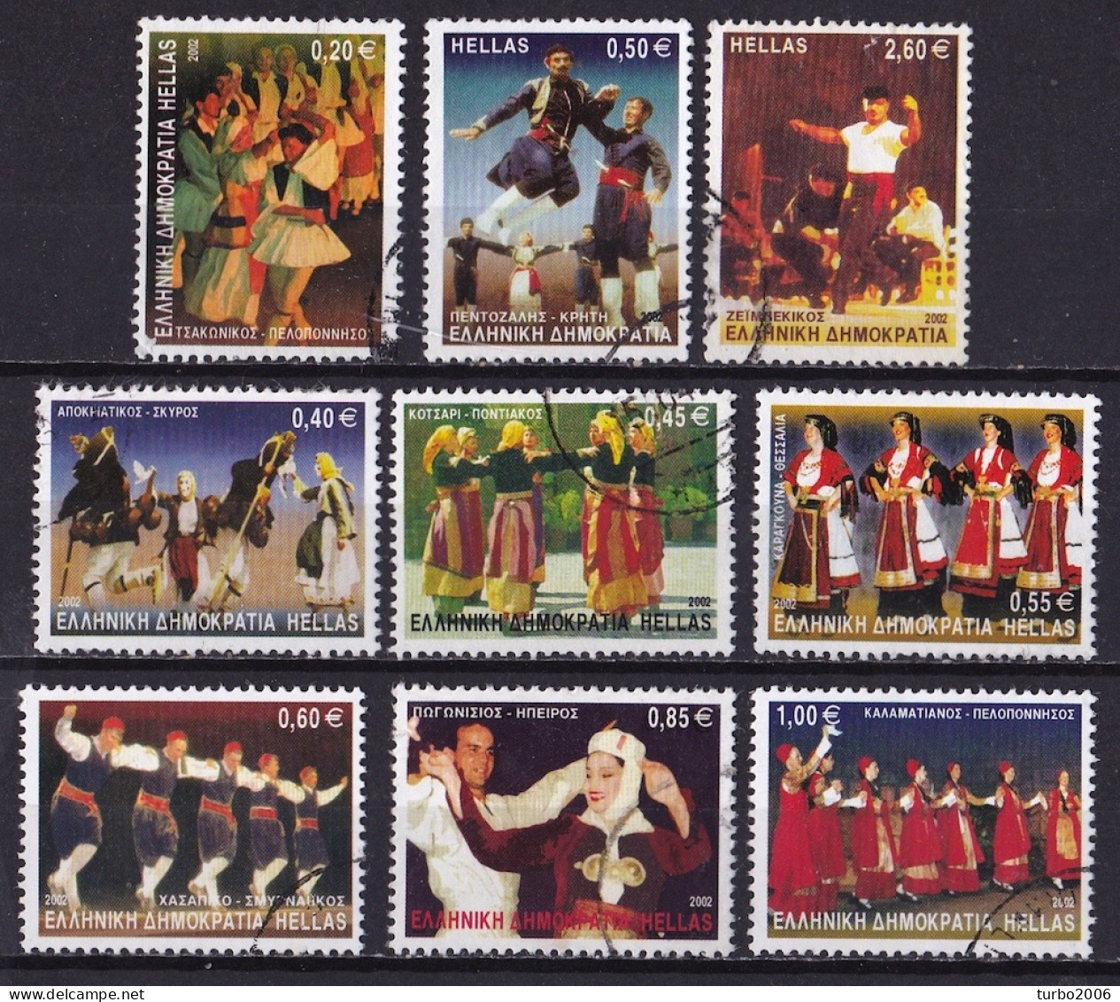 GREECE 2002 Greek Dancers 4 Sides Perforated 9 Values Between 0,20 - 2,60 Vl. 2122-2125/2129-2131-2132-2135 - Usati