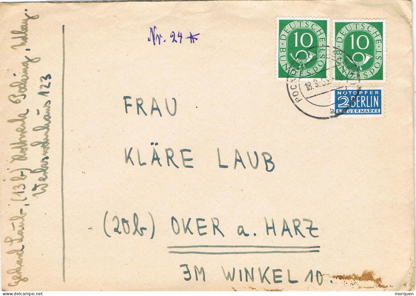 54906. Carta POCKING (Niederbayern) Alemania Federal 1953. NOTOPFER Berlin - Lettres & Documents