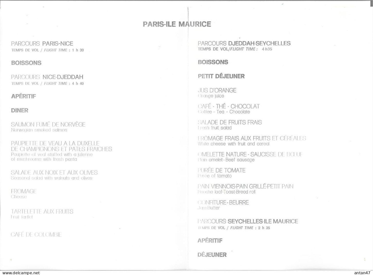 Menu AIR FRANCE / PARIS ILE MAURICE DJEDDAH SEYCHELLES / Fable De LA FONTAINE "L'Aigle Et Le Hibou" - Menükarten