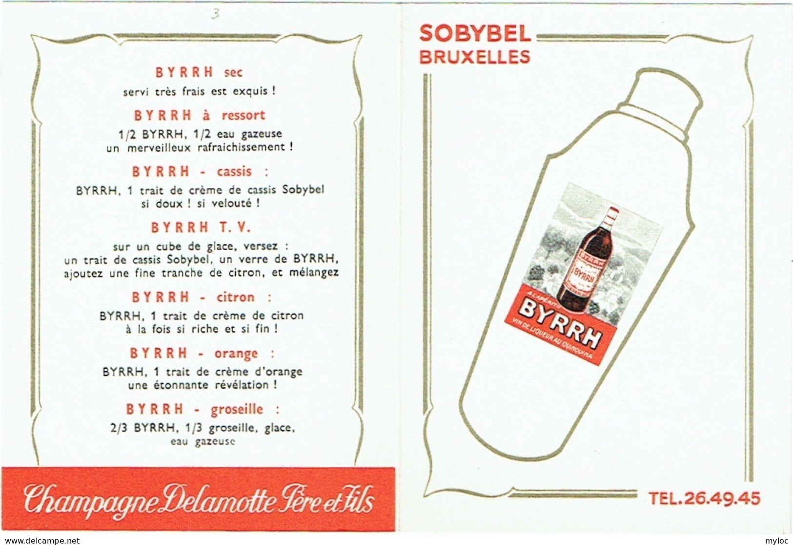 Ancienne Publicité BYRRH. SOBYBEL, Bruxelles.  Recettes De Cocktails. - Alcoholes