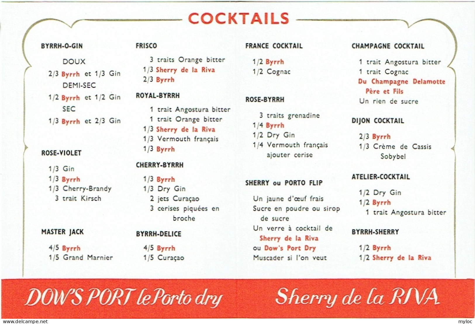 Ancienne Publicité BYRRH. SOBYBEL, Bruxelles.  Recettes De Cocktails. - Alkohol