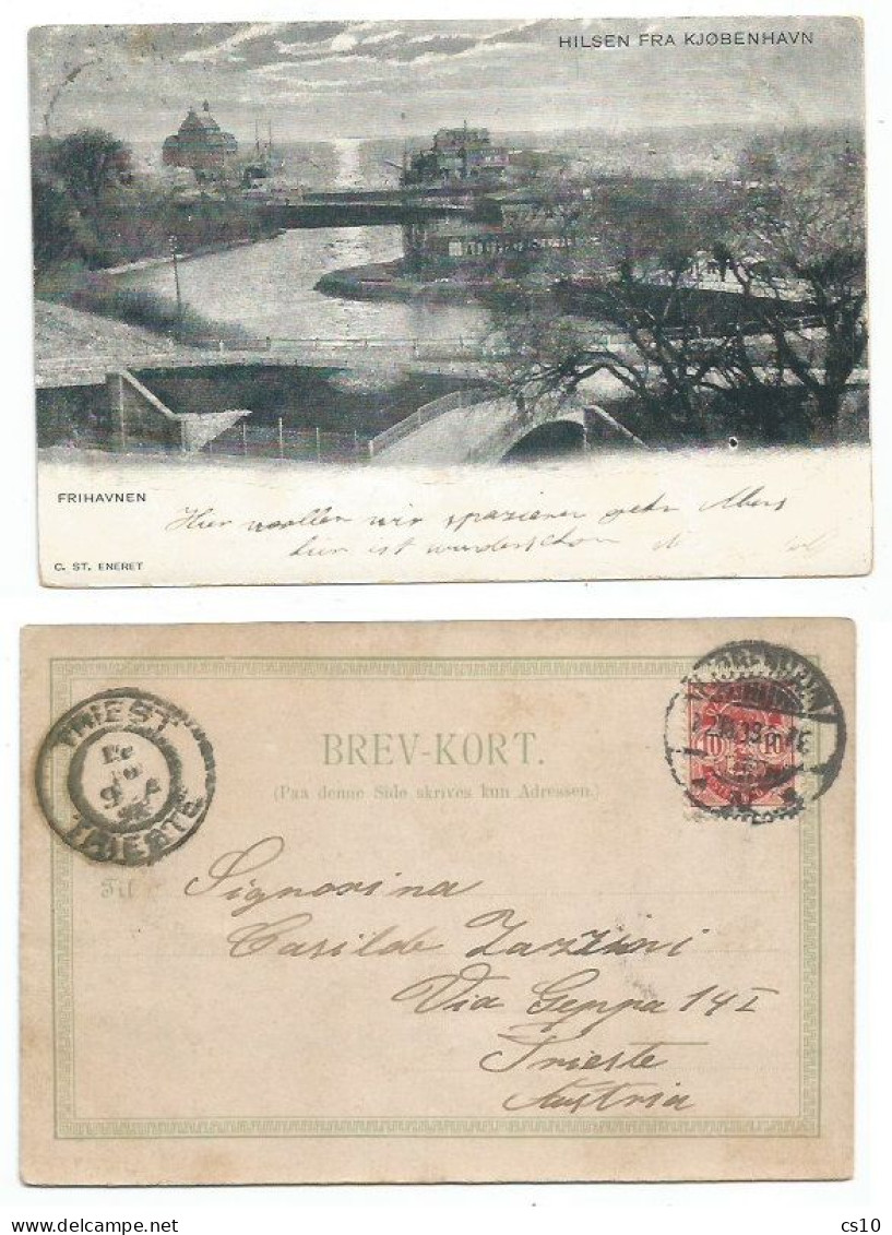 Danmark B/w Pcard Frihavnen - Hilsen Fra Kjobenhavn 22oct1898(?) With O.10 Solo Franking To Trieste - Covers & Documents