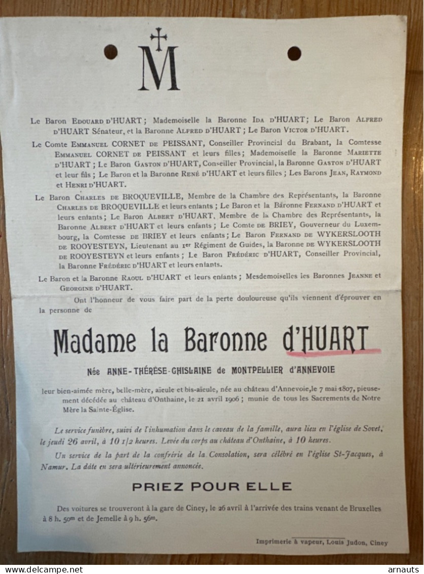 Madame La Baronne D’Huart Nee Anne De Montpellier D’Annevoie *1807 Chateau D’Annevoie +1906 Chateau D’Onthaine Sovet Cin - Todesanzeige