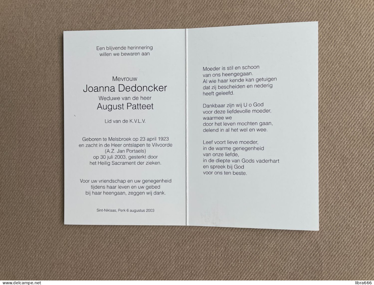 DEDONCKER Joanna °MELSBROEK 1923 +VILVOORDE 2003 - PATTEET - K.V.L.V. - Sint-Niklaas, Perk - Obituary Notices