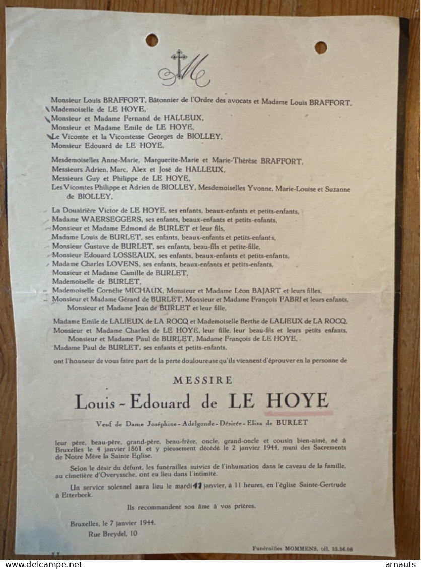 Messire Louis-Edouard De Le Hoye Verf De Burlet *1861 Bruxelles +1944 Bruxelles Overijse Braffort De Halleux De Biolley - Décès