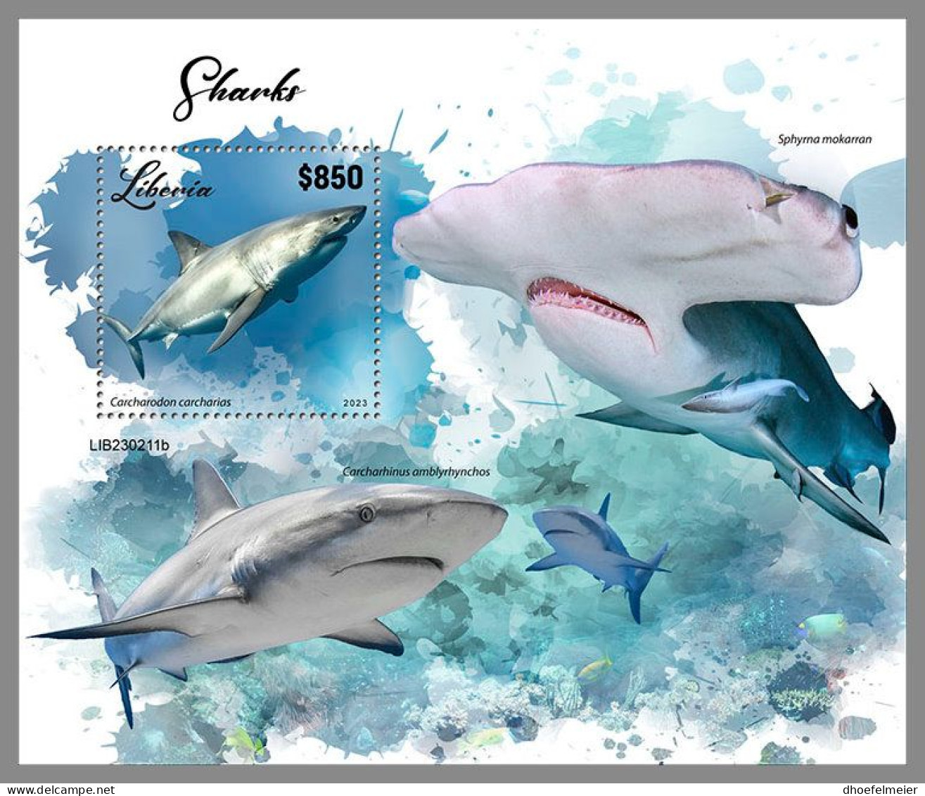 LIBERIA 2023 MNH Sharks Haie S/S – OFFICIAL ISSUE – DHQ2417 - Delfines