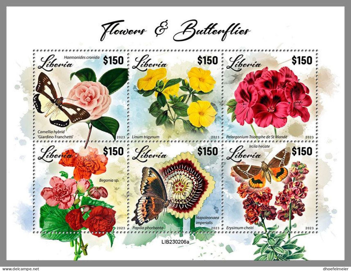 LIBERIA 2023 MNH Butterflies Schmetterlinge Flowers Blumen M/S – OFFICIAL ISSUE – DHQ2417 - Papillons