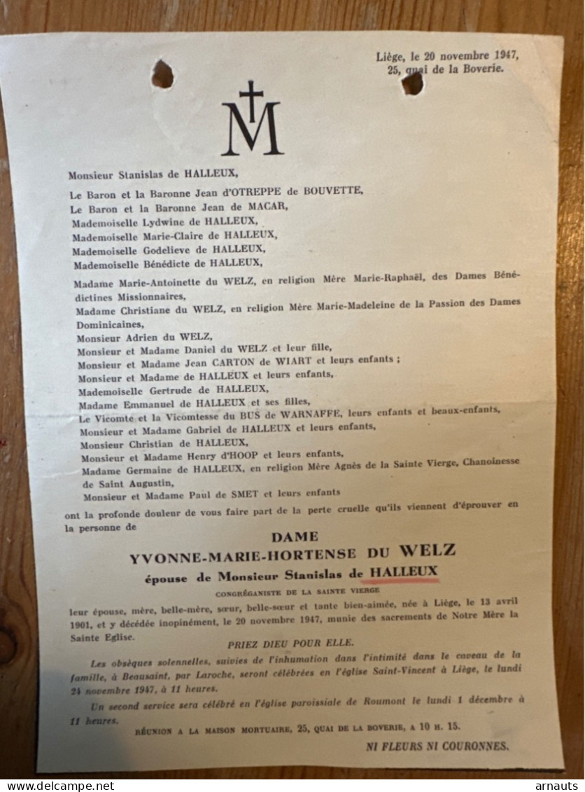 Dame Yvonne Du Welz épouse Stanislas De Halleux *1901 Liege +1947 Liege Beausaint Roumont D’Otreppe De Bouvette De Macar - Décès