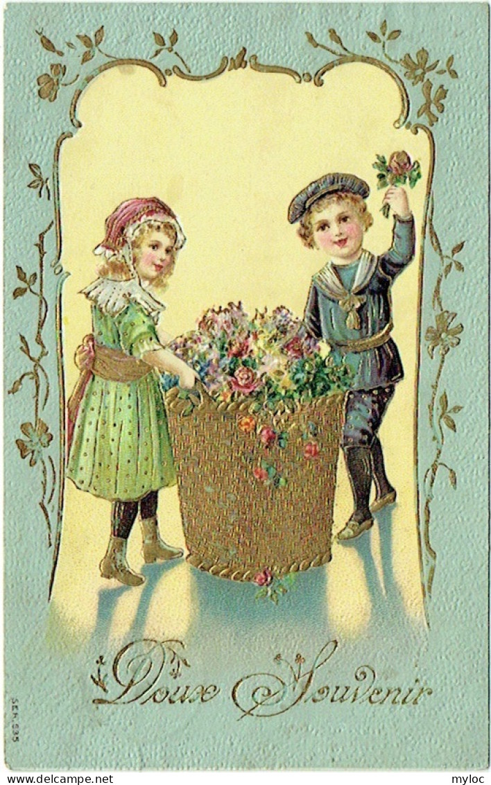 Carte Gaufrée. Couple D'Enfants Et Fleurs. Doux Souvenir. - Sonstige & Ohne Zuordnung