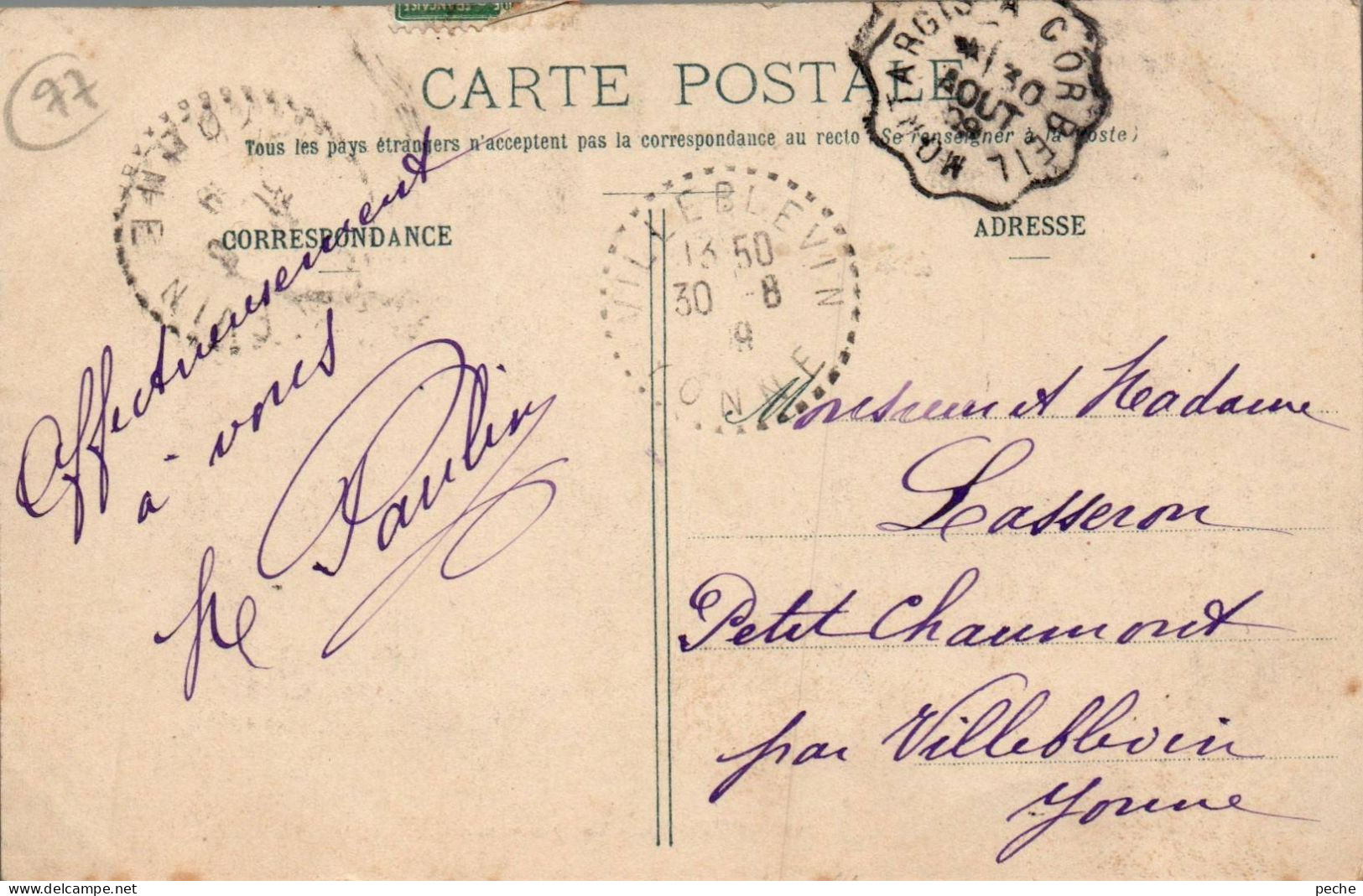 N°961 W -cachet Convoyeur -Montargis à Corbeil -1909- - Posta Ferroviaria