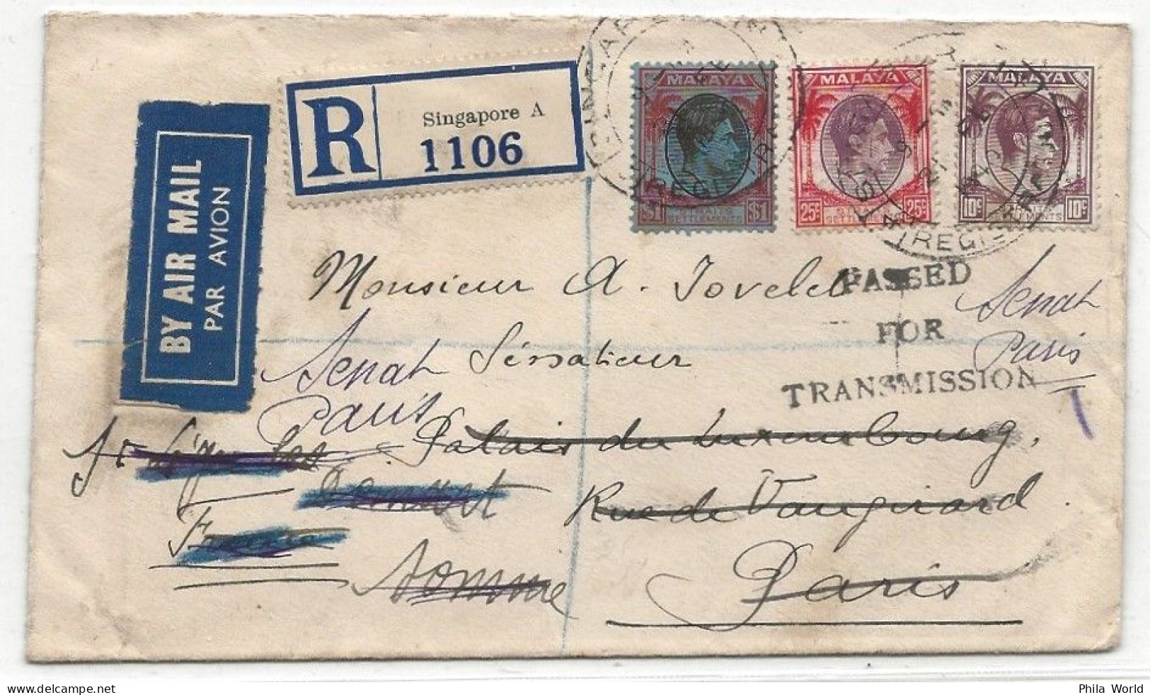 MALAYA Straits Settlements SINGAPORE 1940 Air Mail Registered Cover To PARIS SENAT France Cancel PASSED FOR TRANSMISSION - Sonstige - Asien