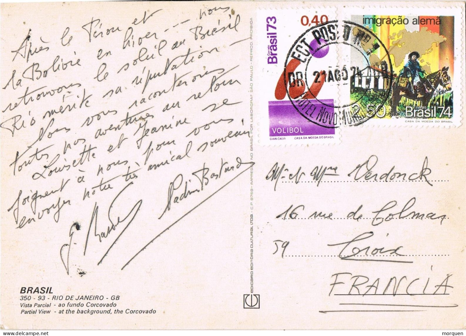 54909. Postal Aerea RIO De JANEIRO (Brasil) 1974. Fechador HOTEL NUOVO MUNDO. Vista Del Corcovado - Lettres & Documents