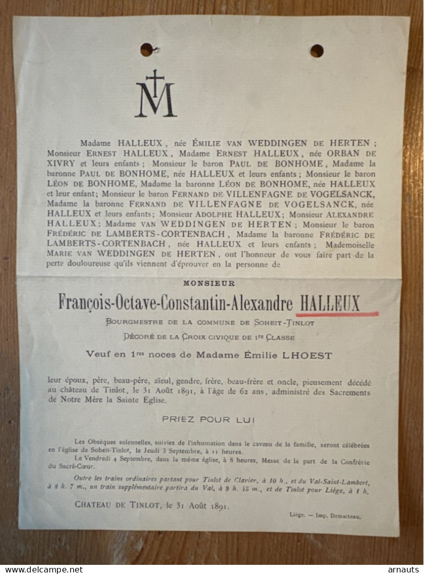 Monsieur François Halleux Bourgmestre Soheit-Tinlot Verf Lhoest Van Weddingen De Herten *1829+1891 Chateau De Tinlot - Todesanzeige