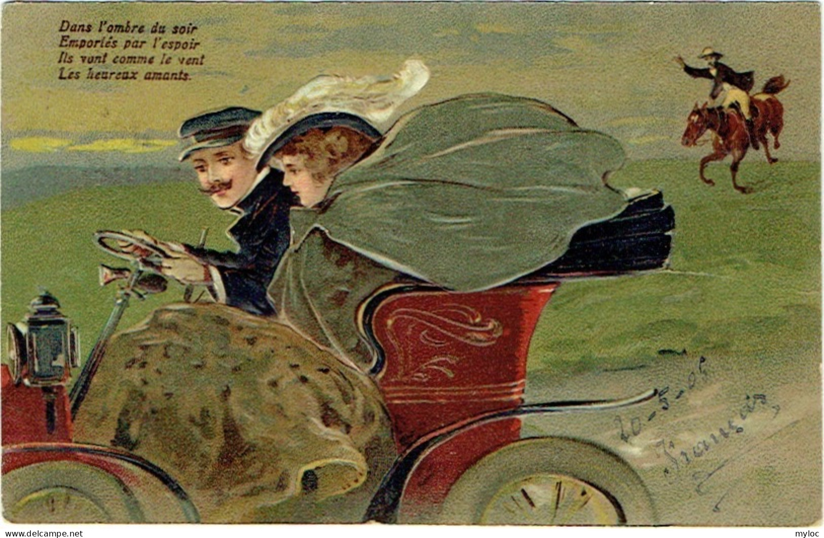 Carte Gaufrée. Illustrateur. Couple En Automobile. Art Nouveau. - 1900-1949