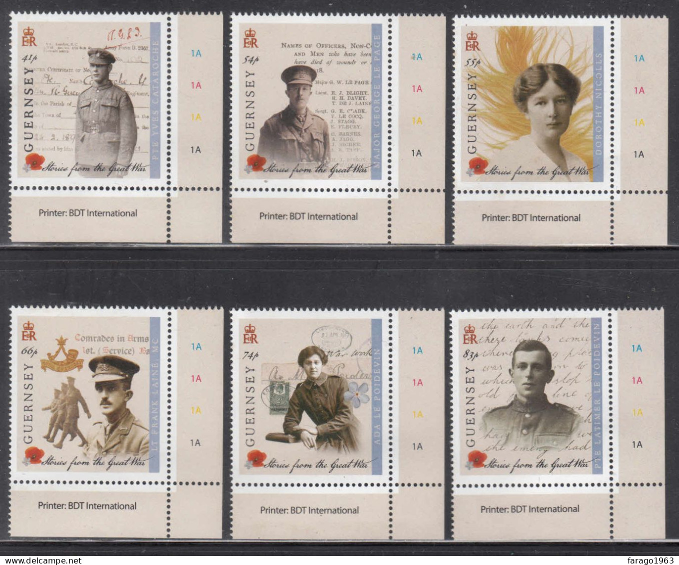 2014 Guernsey Stories From Great War WWI Military History Complete Set Of 6 MNH @ BELOW FACE VALUE - Guernesey