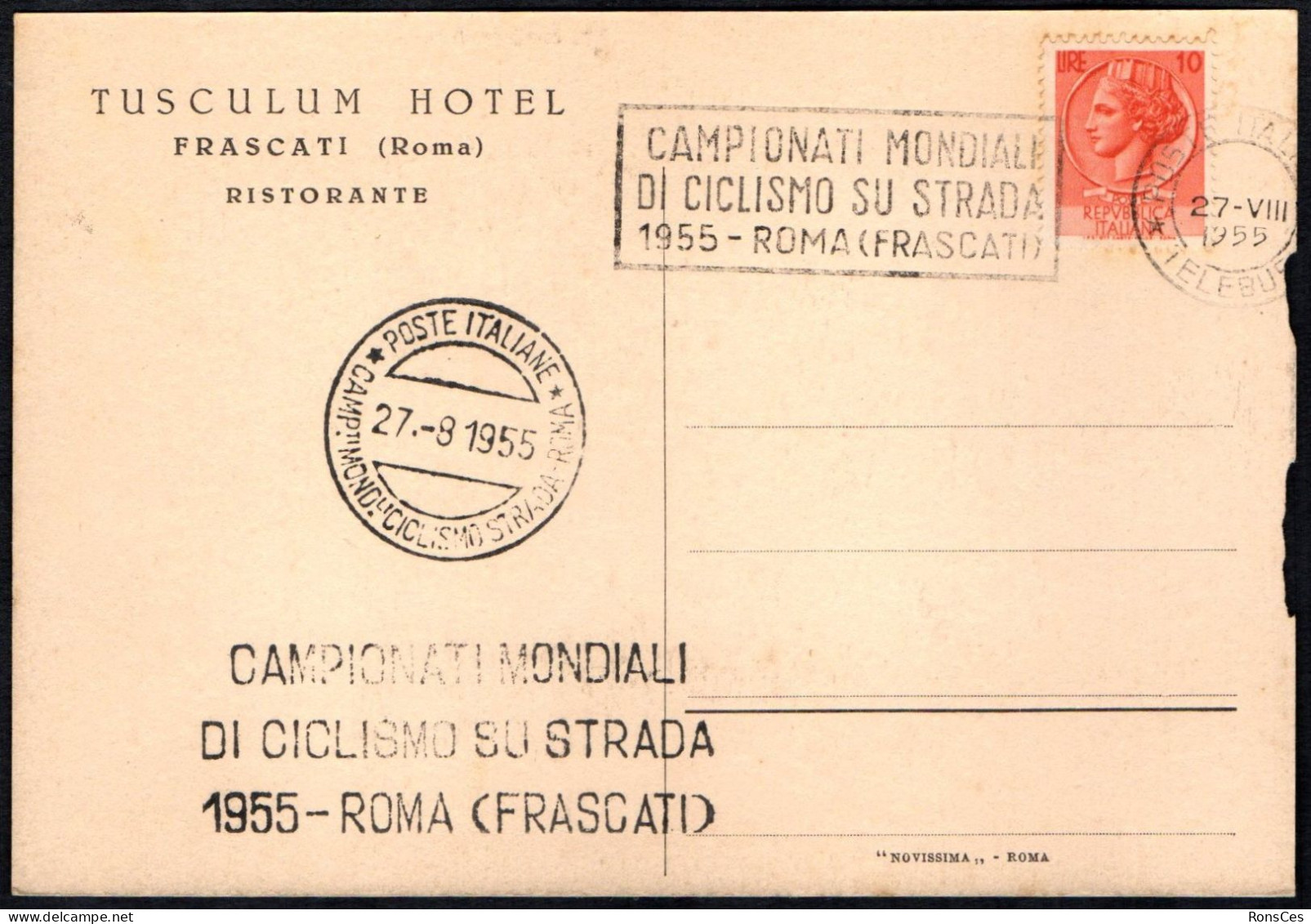 CYCLING - ITALIA ROMA 1955 - CAMPIONATI MONDIALI DI CICLISMO SU STRADA - CARTOLINA TUSCULUM HOTEL - A - Cycling