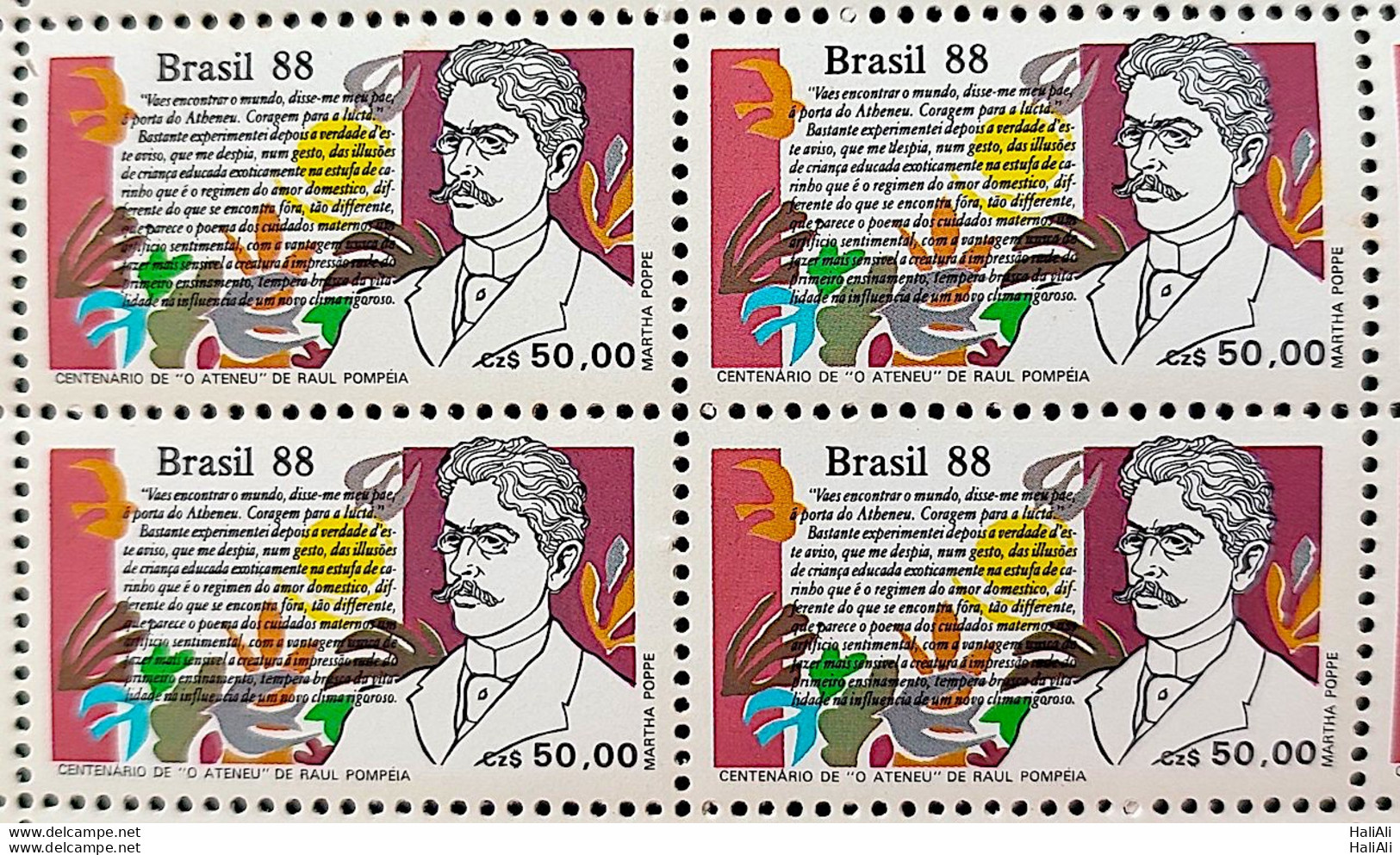 C 1601 Brazil Stamp Book Day Literature The Ateneu Raul Pompeii 1988 Block Of 4 - Ungebraucht