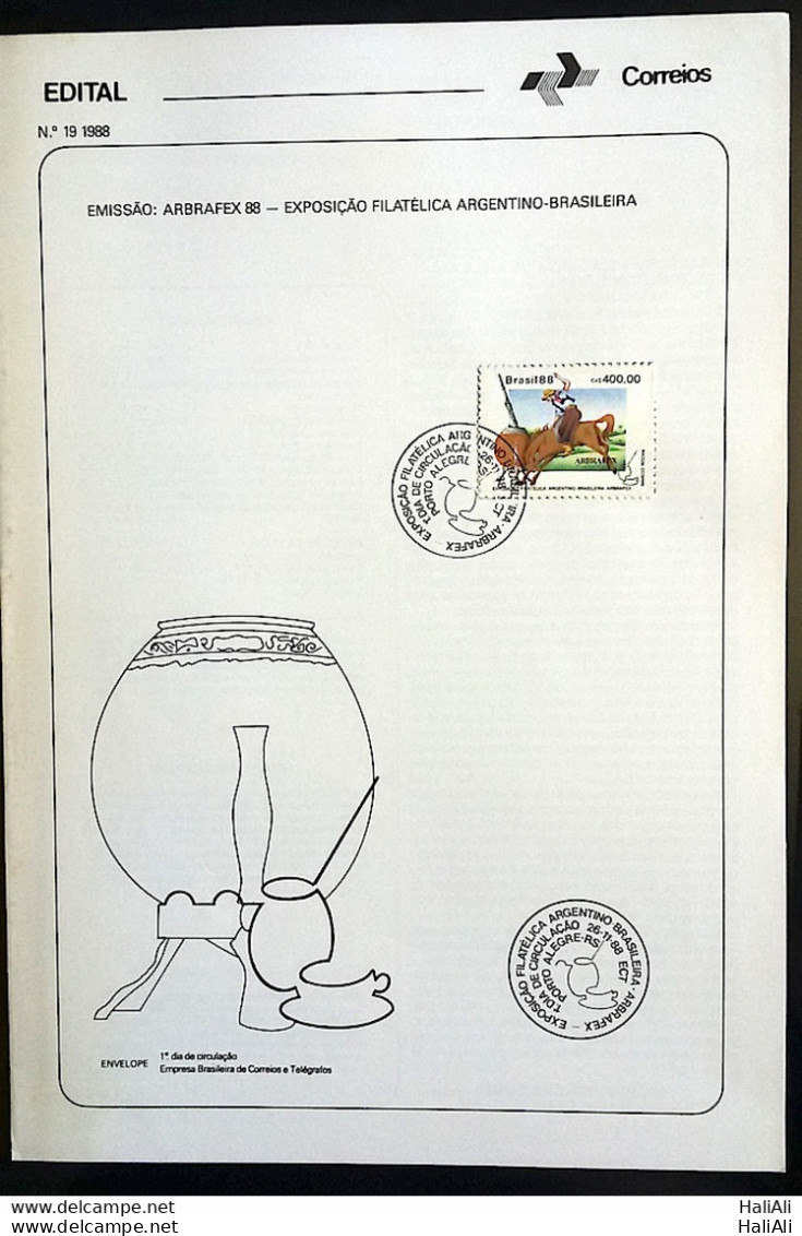 Brochure Brazil Edital 1988 19 Exhibition The Brazilian Argentine Philatelic Horse With Stamp CBC RS Porto Alegre - Storia Postale