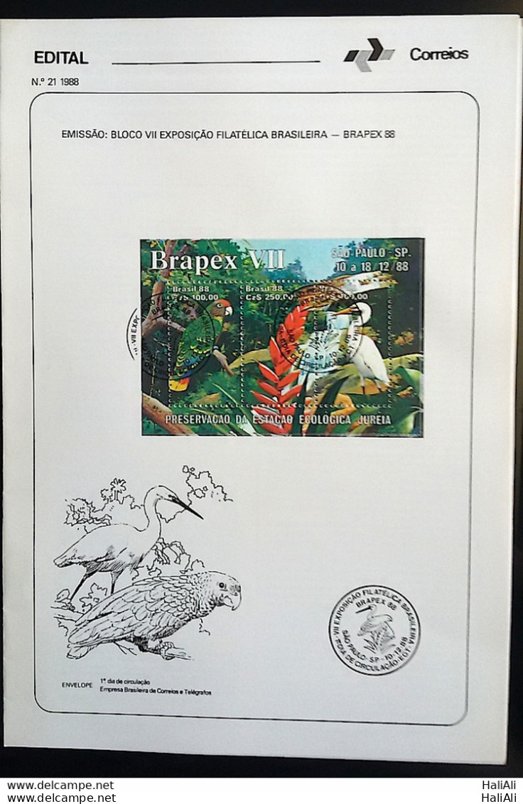 Brochure Brazil Edital 1988 21 Brapex Jureia Bird Parrot Macaw With Stamp CBC SP - Cartas & Documentos