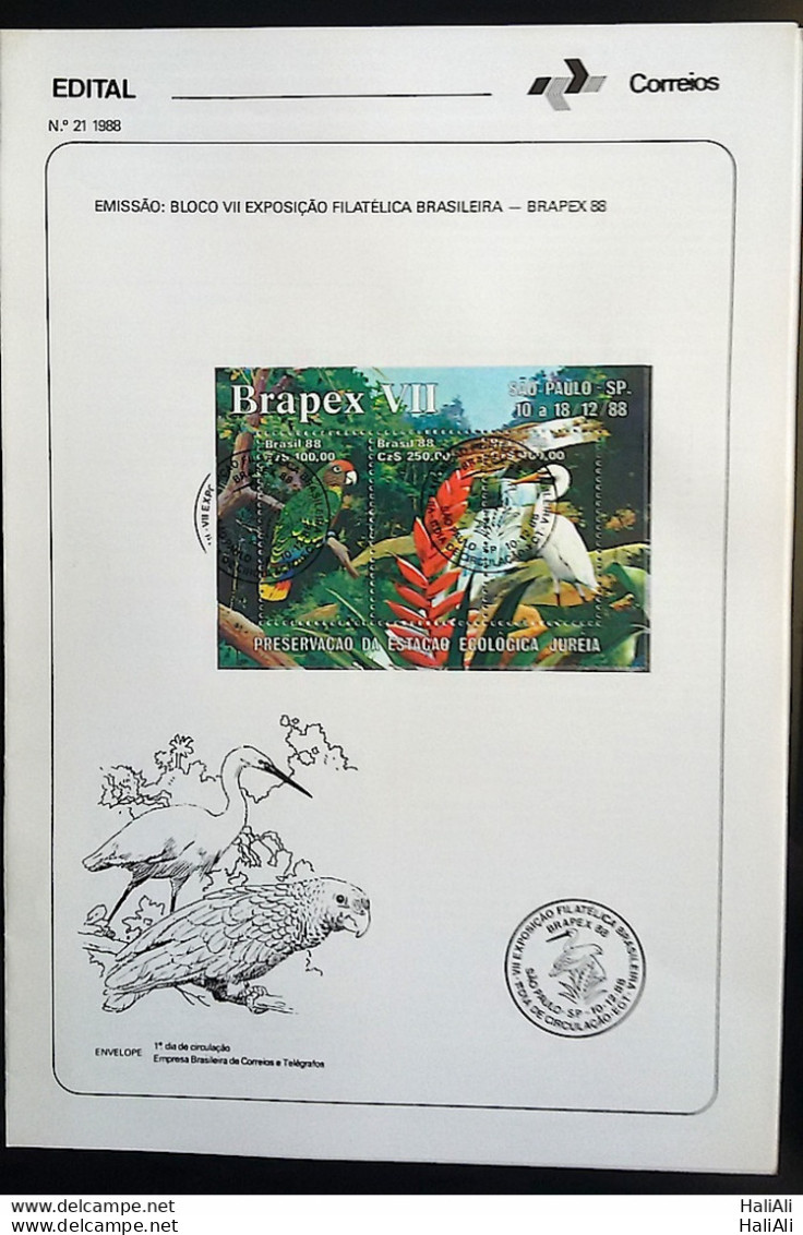 Brochure Brazil Edital 1988 21 Brapex Jureia Bird Parrot Macaw With Stamp CBC SP - Storia Postale