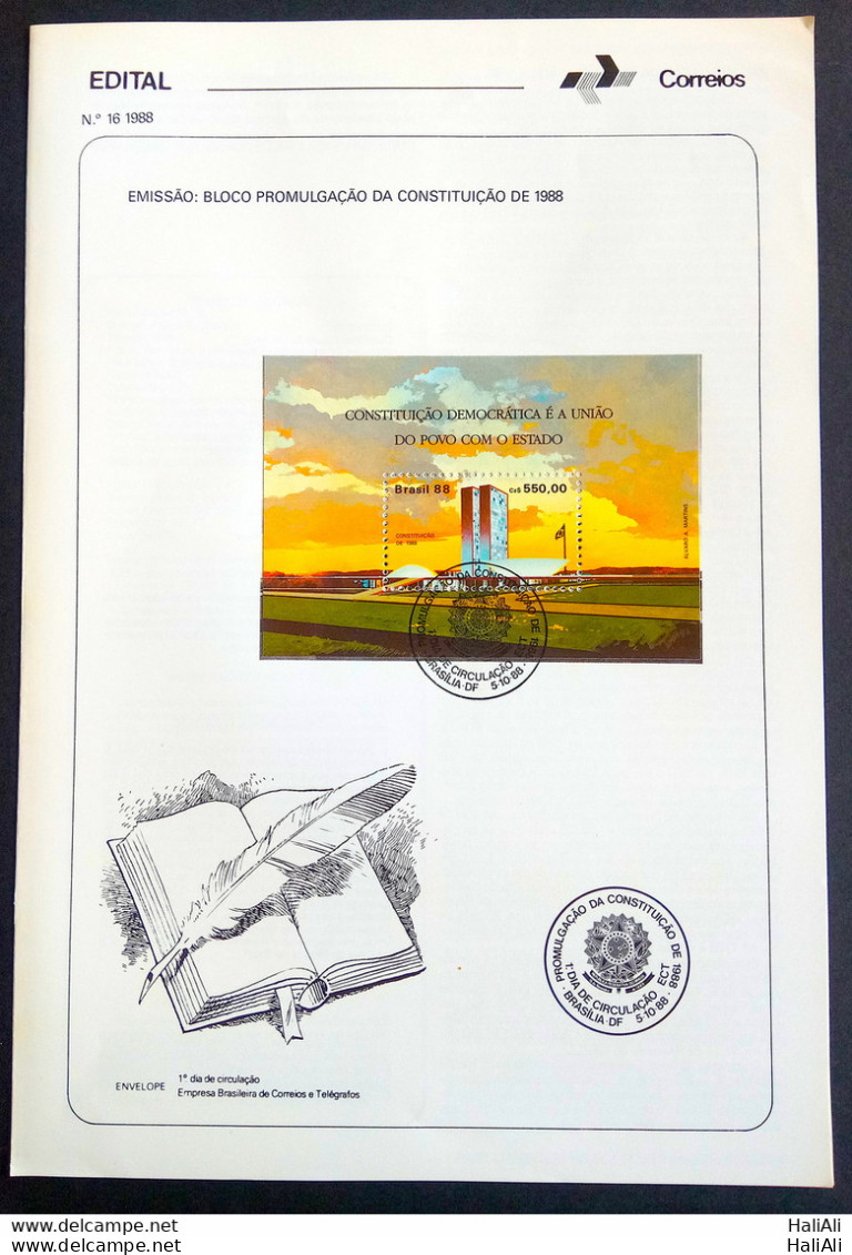 Brochure Brazil Edital 1988 16 Promulgation Constitution National Congress With Stamp DF Brasília - Brieven En Documenten