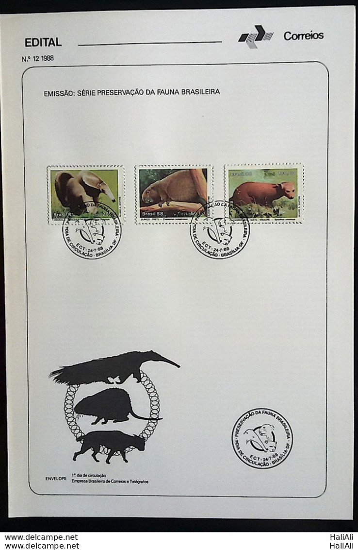 Brochure Brazil Edital 1988 12 Preservation Of Brazilian Fauna Anteater With Stamp CBC DF Brasília - Covers & Documents