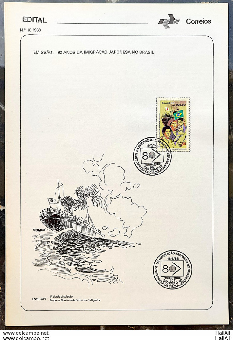 Brochure Brazil Edital 1988 10 Japanese Immigration Brazil Japan Flag Ship With Stamp CBC SP - Lettres & Documents