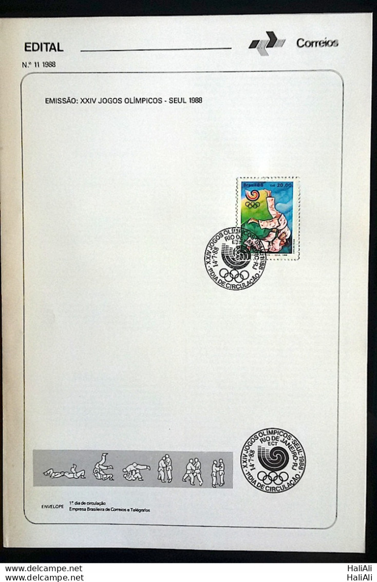 Brochure Brazil Edital 1988 11 OLIMPIC GAMES SEUL JUDO WITH STAMP CBC SP - Lettres & Documents