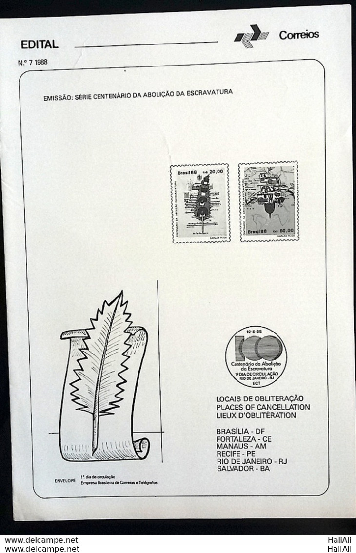Brochure Brazil Edital 1988 07 Abolition Of Slavery Without Stamp - Storia Postale