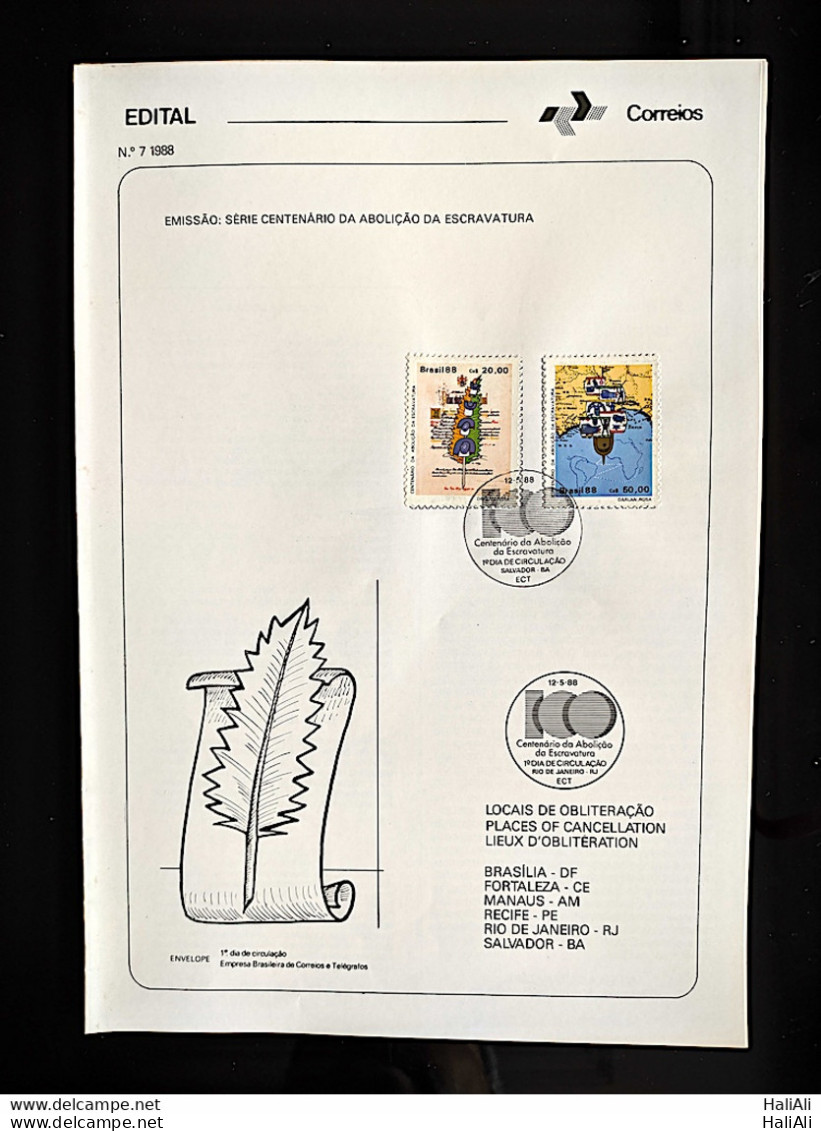 Brochure Brazil Edital 1988 07 Abolition Of Slavery With Stamp CBC BA Salvador - Cartas & Documentos