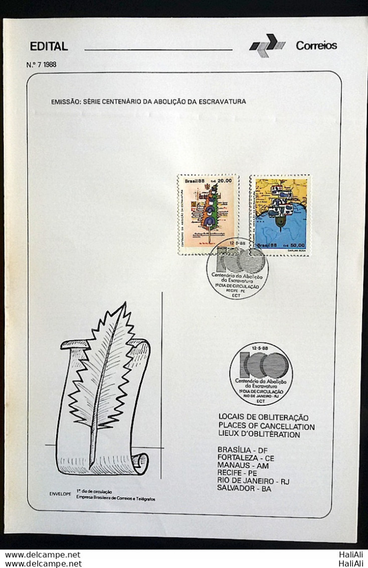 Brochure Brazil Edital 1988 07 Abolition Of Slavery With Stamp CBC PE Recife - Storia Postale