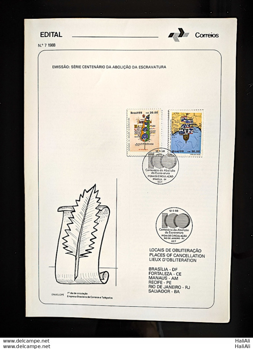 Brochure Brazil Edital 1988 07 Abolition Of Slavery With Stamp CBC DF Brasília - Briefe U. Dokumente