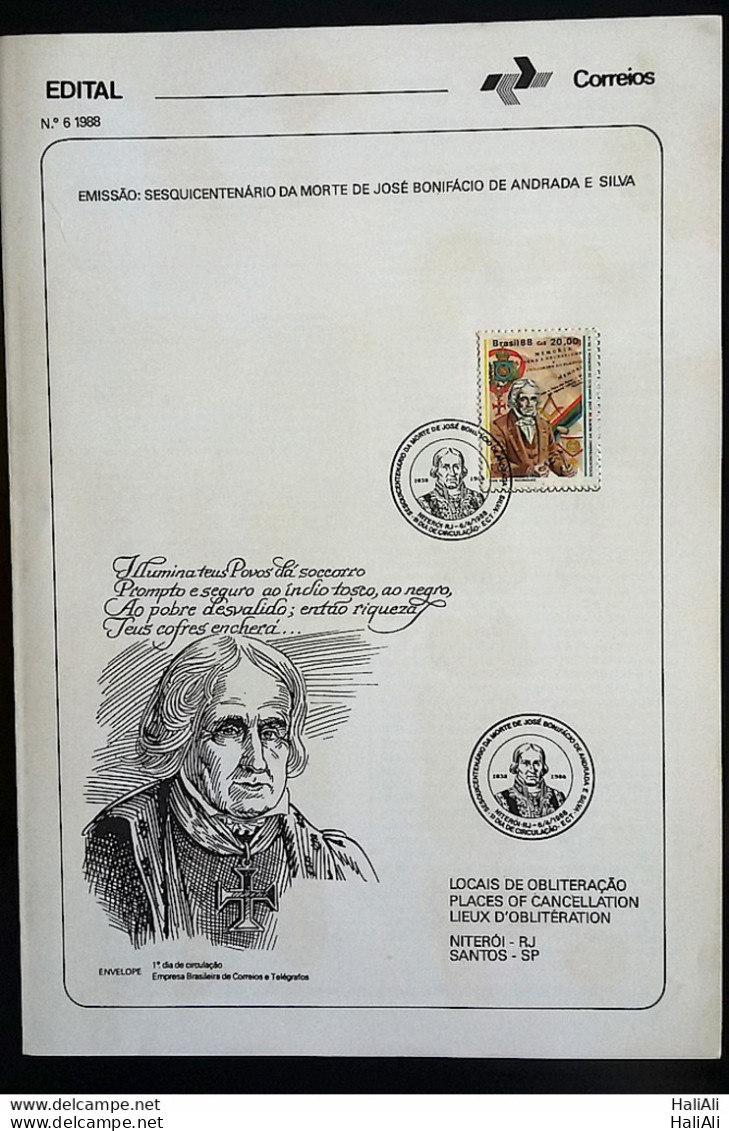 Brochure Brazil Edital 1988 06 Jose Bonifacio With Stamp CBC RJ Niteroi - Lettres & Documents