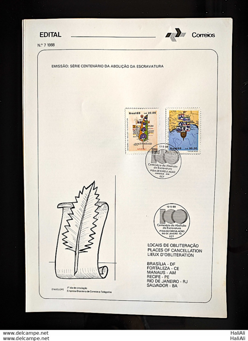 Brochure Brazil Edital 1988 07 Abolition Of Slavery With Stamp CBC Am Manaus - Brieven En Documenten