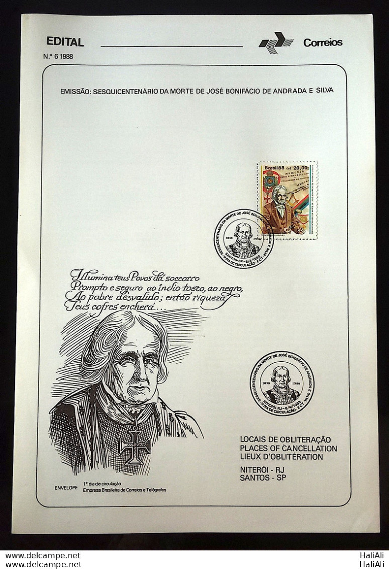 Brochure Brazil Edital 1988 06 Jose Bonifacio With Stamp CBC SP Santos - Cartas & Documentos
