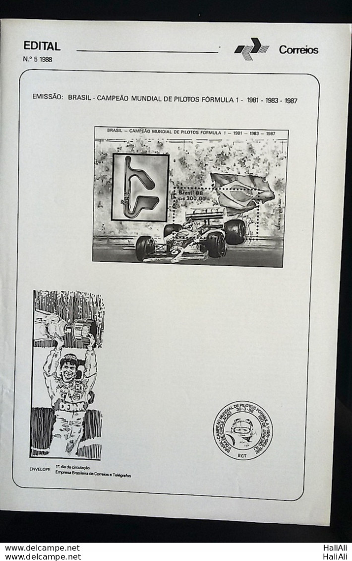 Brochure Brazil Edital 1988 05 Nelson Piquet Champion Formula 1 Car Flag Without Stamp - Briefe U. Dokumente
