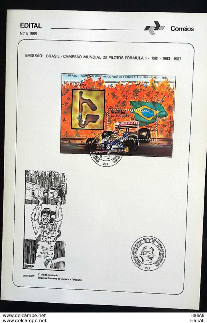 Brochure Brazil Edital 1988 05 Nelson Piquet Champion Formula 1 Car Flag With Stamp CBC RJ - Cartas & Documentos