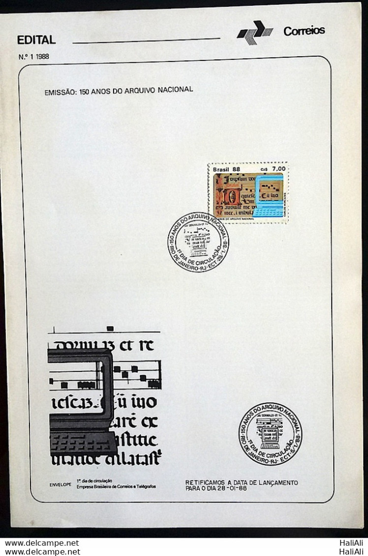 Brochure Brazil Edital 1988 01 National Archives With Stamp CBC RJ - Cartas & Documentos