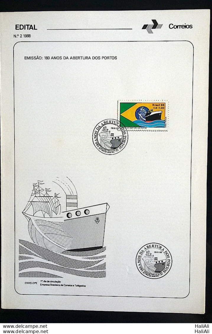 Brochure Brazil Edital 1988 02 Opening Of Ports Ship With Stamp CBC RJ - Briefe U. Dokumente